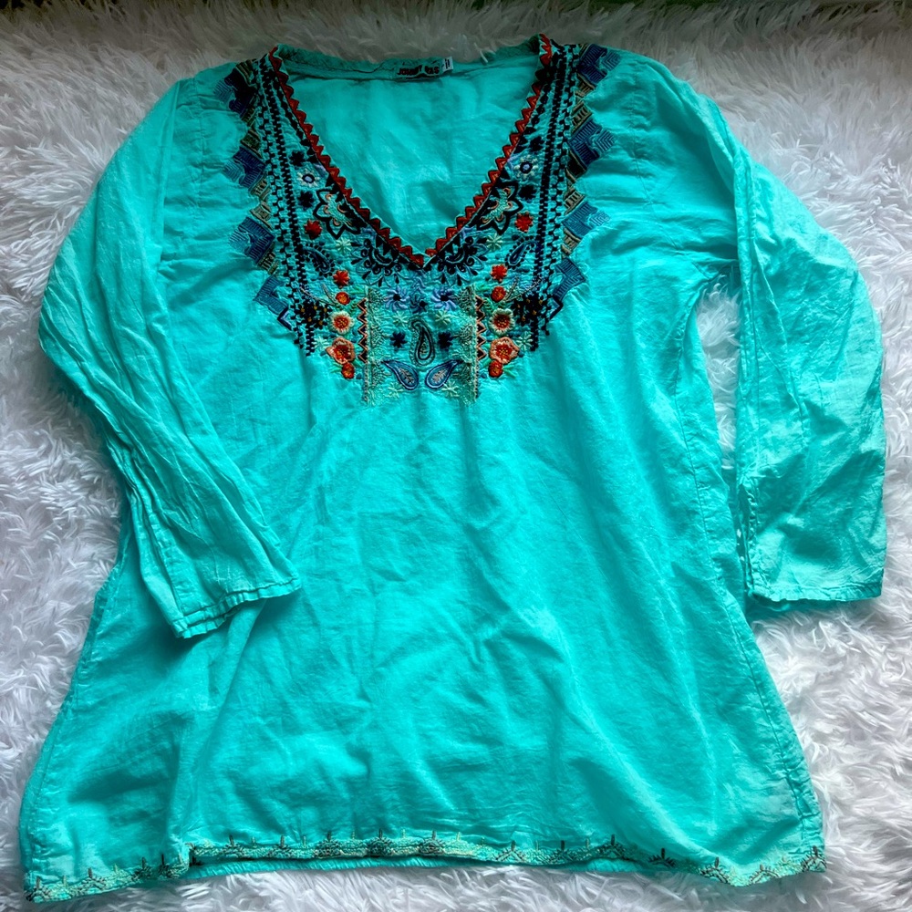 Johnny Was - Turquoise Bohemian Embroidery Print Cotton Top Blouse Sz S